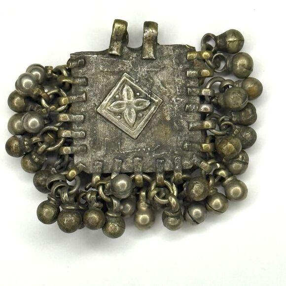 Vintage Kuchi Afghan Prayer Box Pendant with Red Glass Stones & Bells 2” - Picture 2 of 5